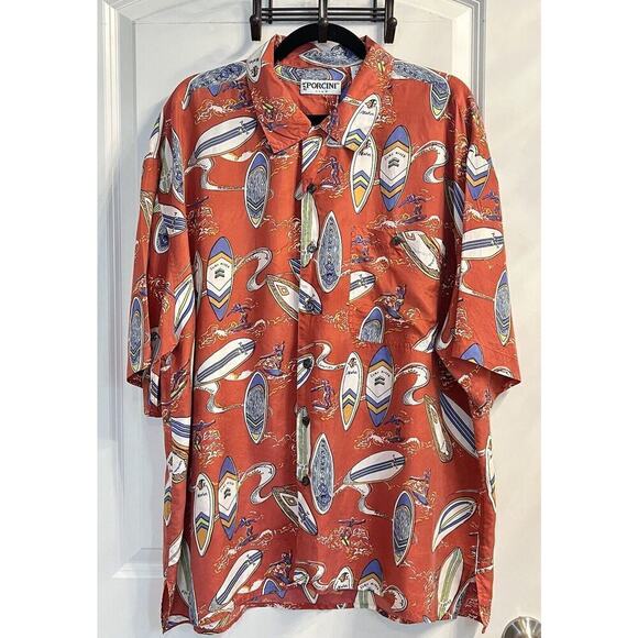 Porcini 100% Silk Shirt Surf Board Beachy Button Up Mens Sz XL Coastal Tropical - Picture 1 of 8